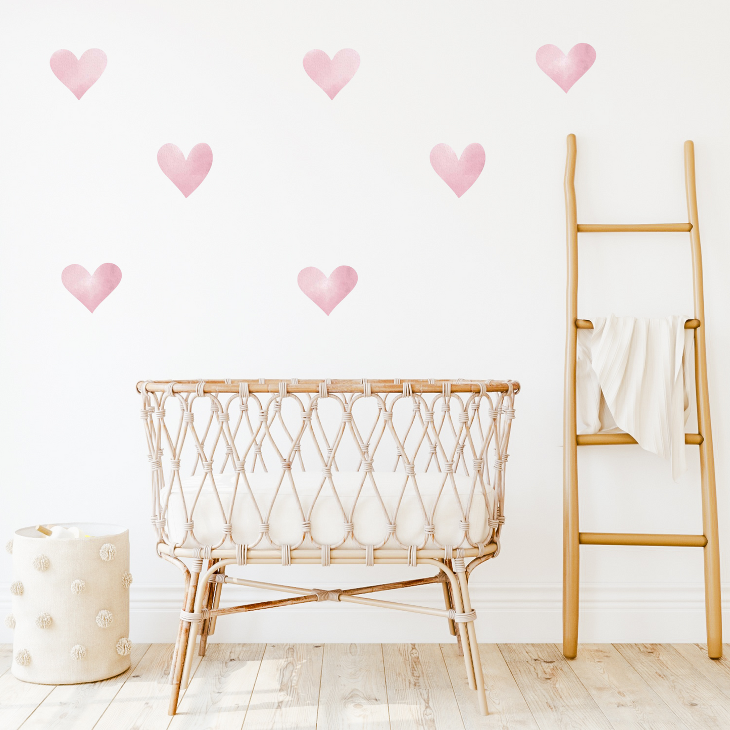 A series of pink heart-shaped wall decals. Non-toxic, eco-friendly, reusable wall stickers. Australian made.