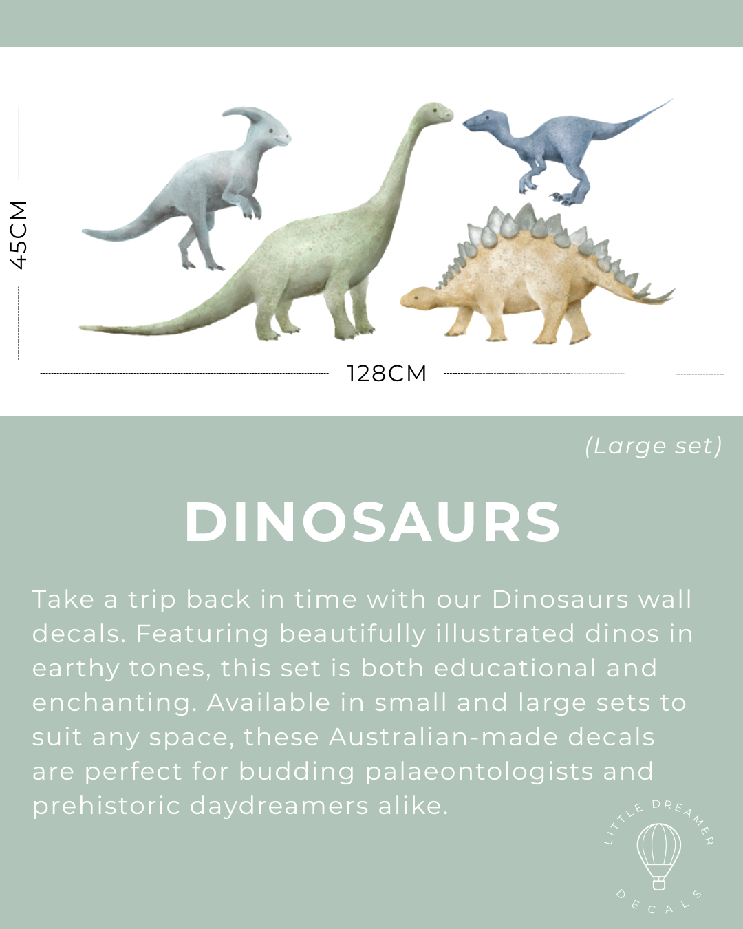 Dinosaur wall decal set with measurements and description on a light green background