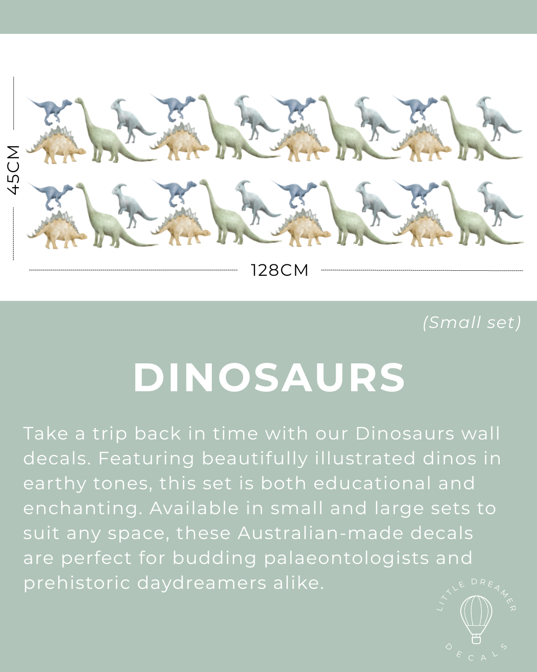 Dinosaur wall decals with measurements and product description on a light green background
