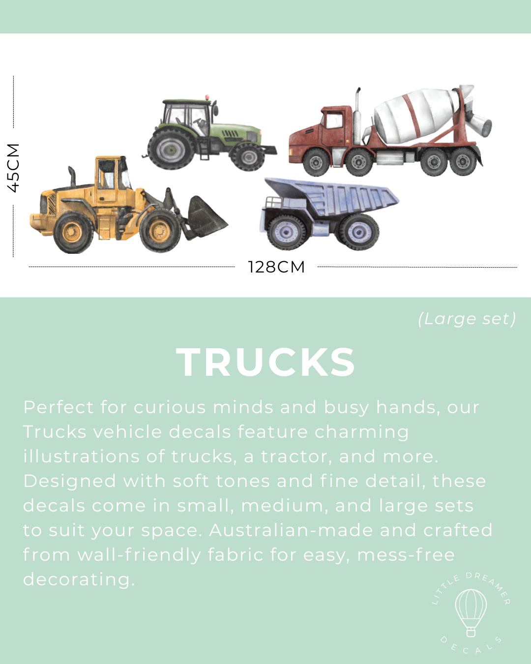 Illustrations of trucks, a tractor, and a cement mixer with dimensions on a light green background.