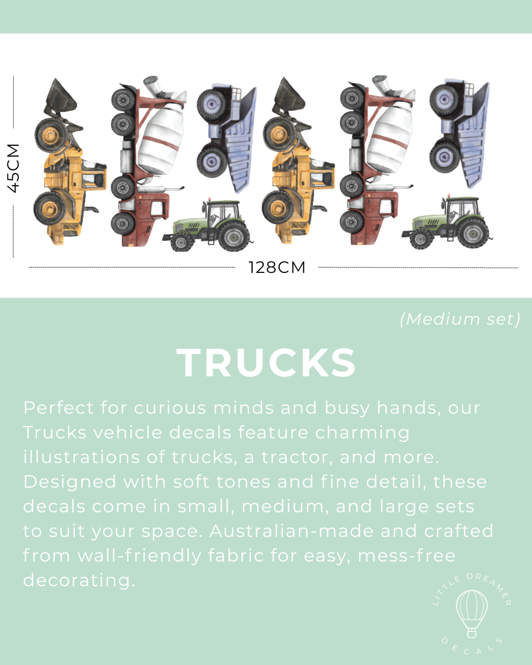 Illustrations of trucks and a tractor with dimensions on a light green background