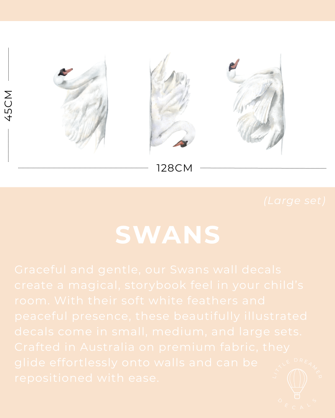 Swan wall decal set with measurements and product description on a light pink background