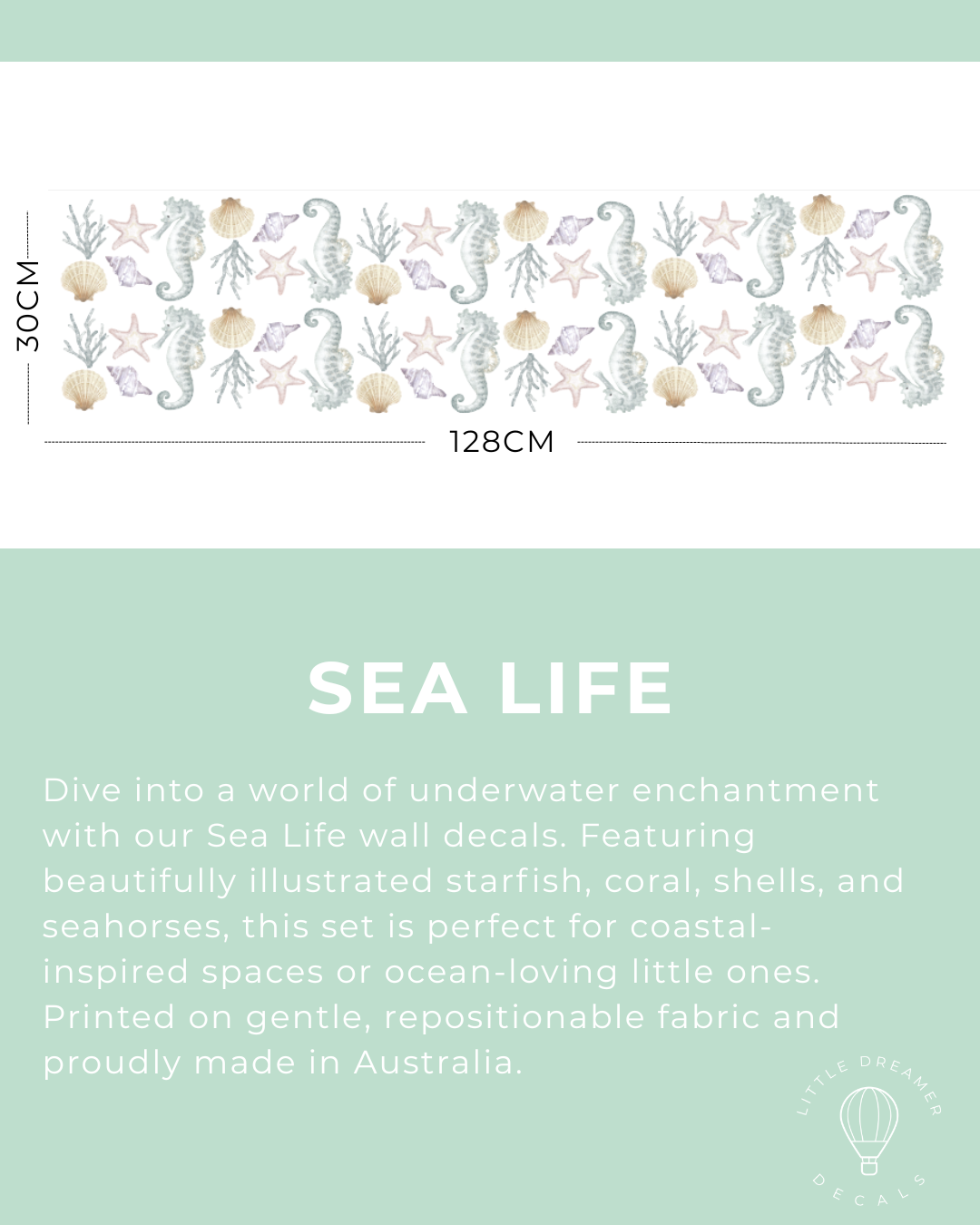 Sea Life wall decal set with starfish, coral, shells, and seahorses on a light green background.