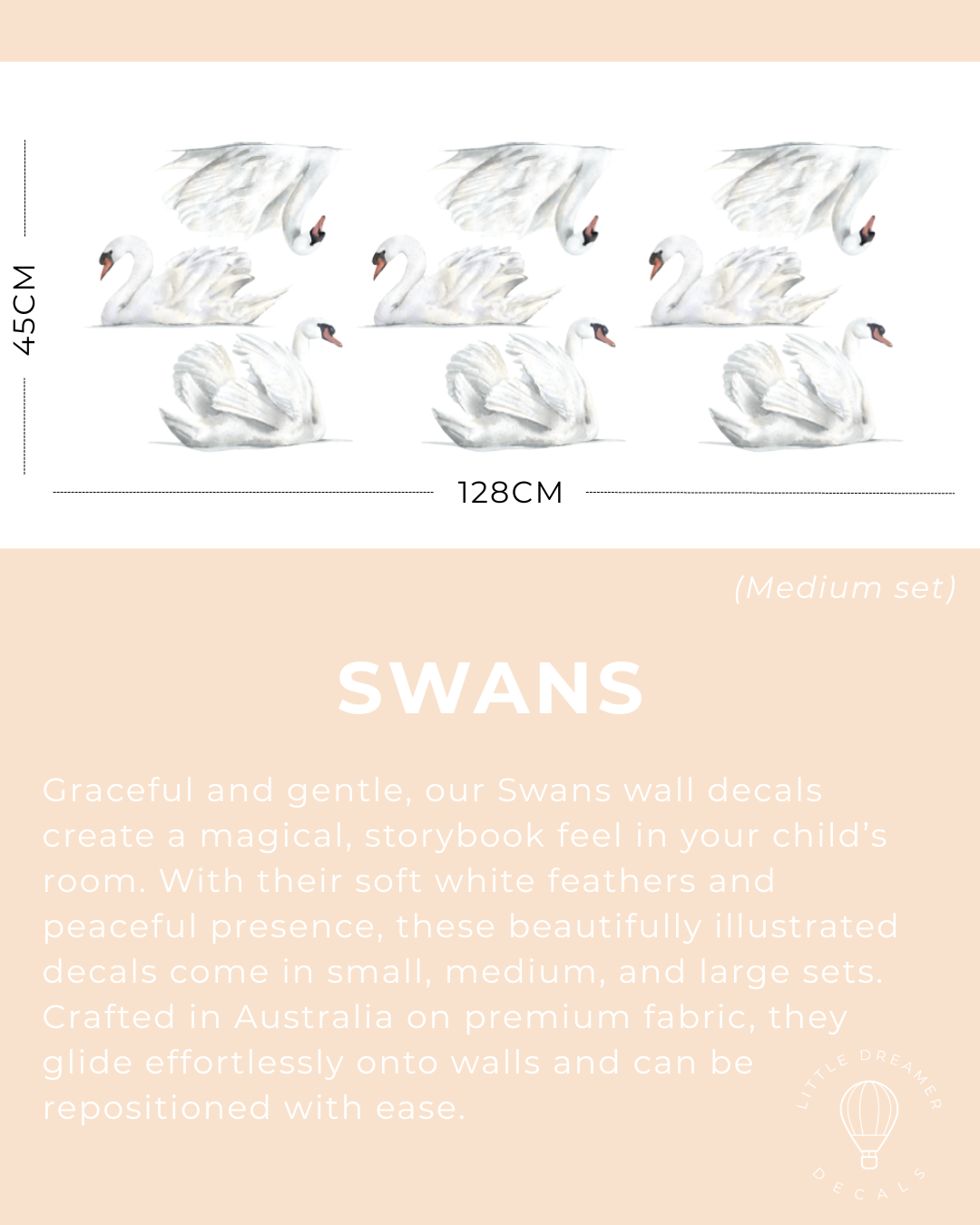 Wall decal set of swans with dimensions and product description on a light pink background