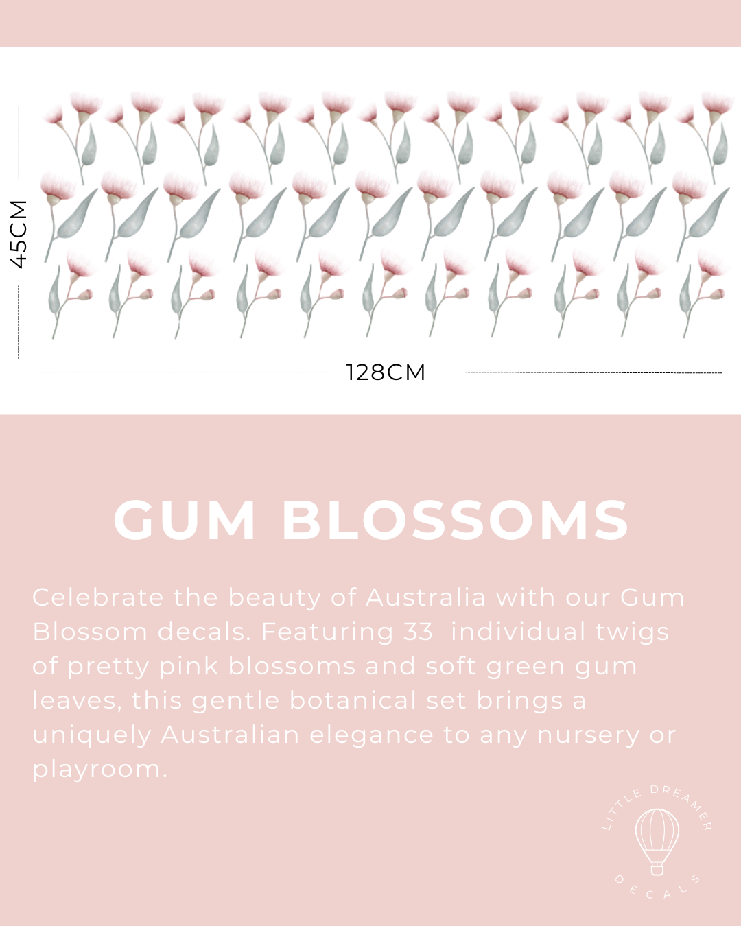 Gum Blossoms decal set with dimensions and description on a pink background