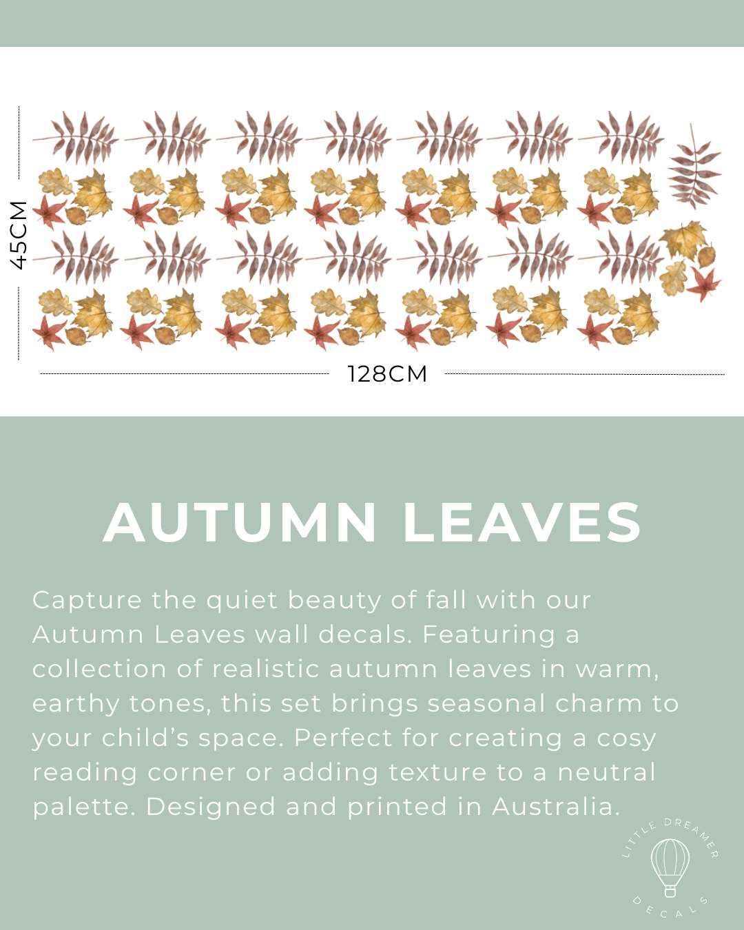 Autumn leaves wall decal set with dimensions and description on a light green background
