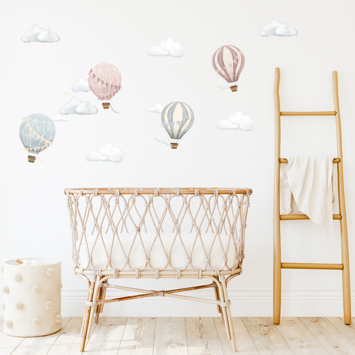 Nursery with hot air balloon wall decals and a wooden ladder in a nursery room. Non-toxic, eco-friendly, reusable wall stickers. Australian made.