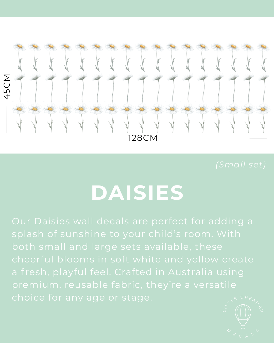 Wall decal set of daisies with measurements and product description on a light green background
