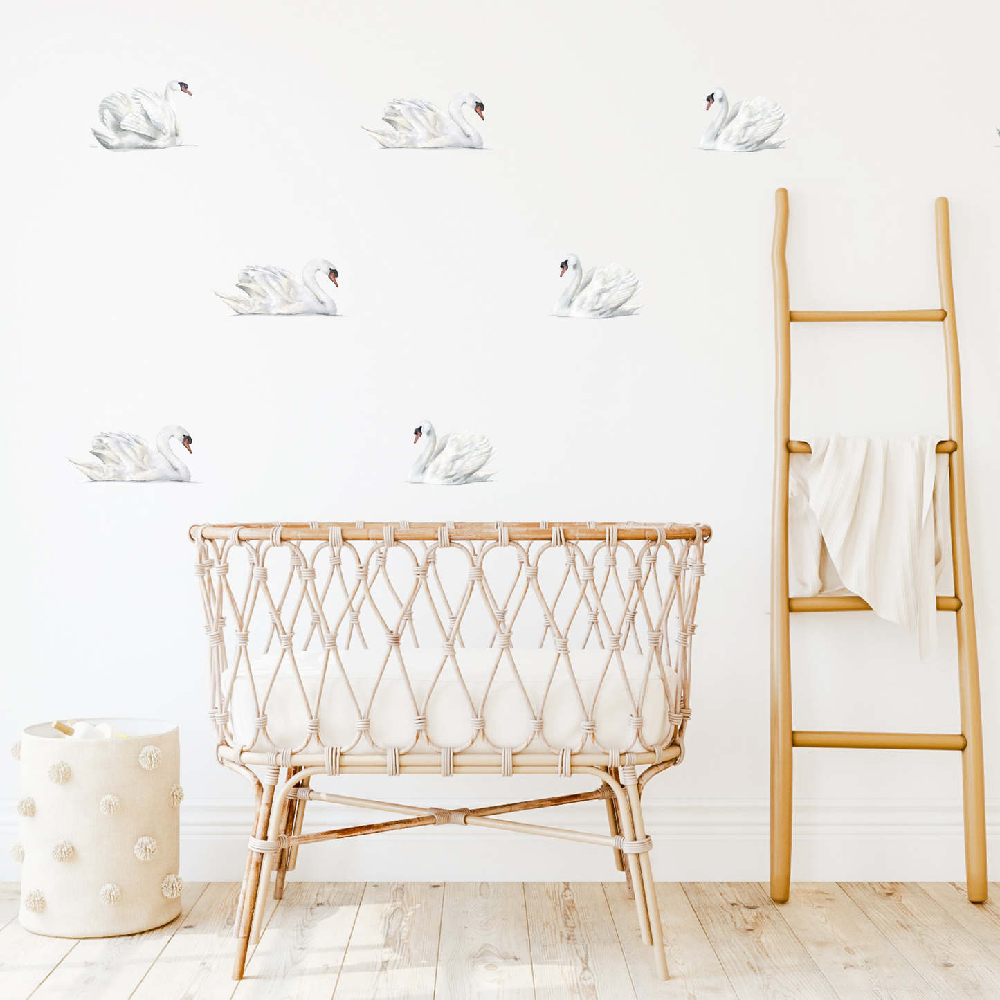 Wall decals of white watercolour swans on a nursery room wall. Non-toxic, eco-friendly, reusable wall stickers. Australian made.
