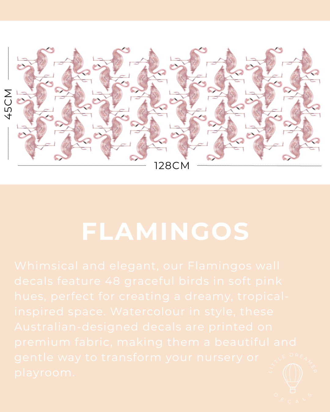 Flamingo wall decal set with measurements on a light pink background