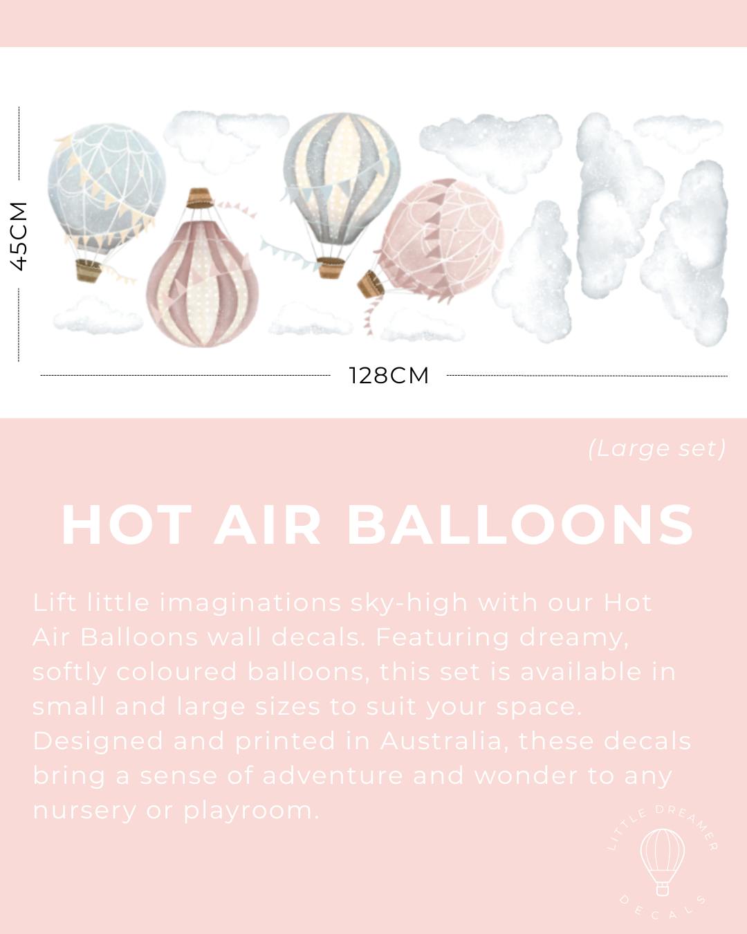 Hot air balloon wall decals with dimensions and product description on a pink background
