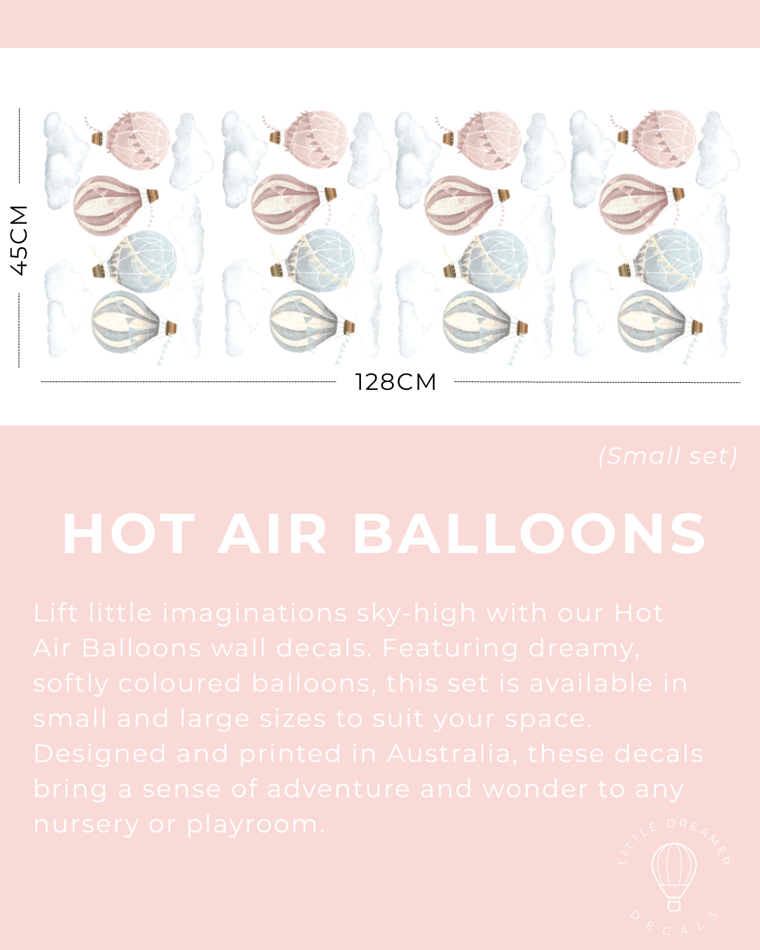 Hot air balloon wall decals with measurements and product description on a pink background