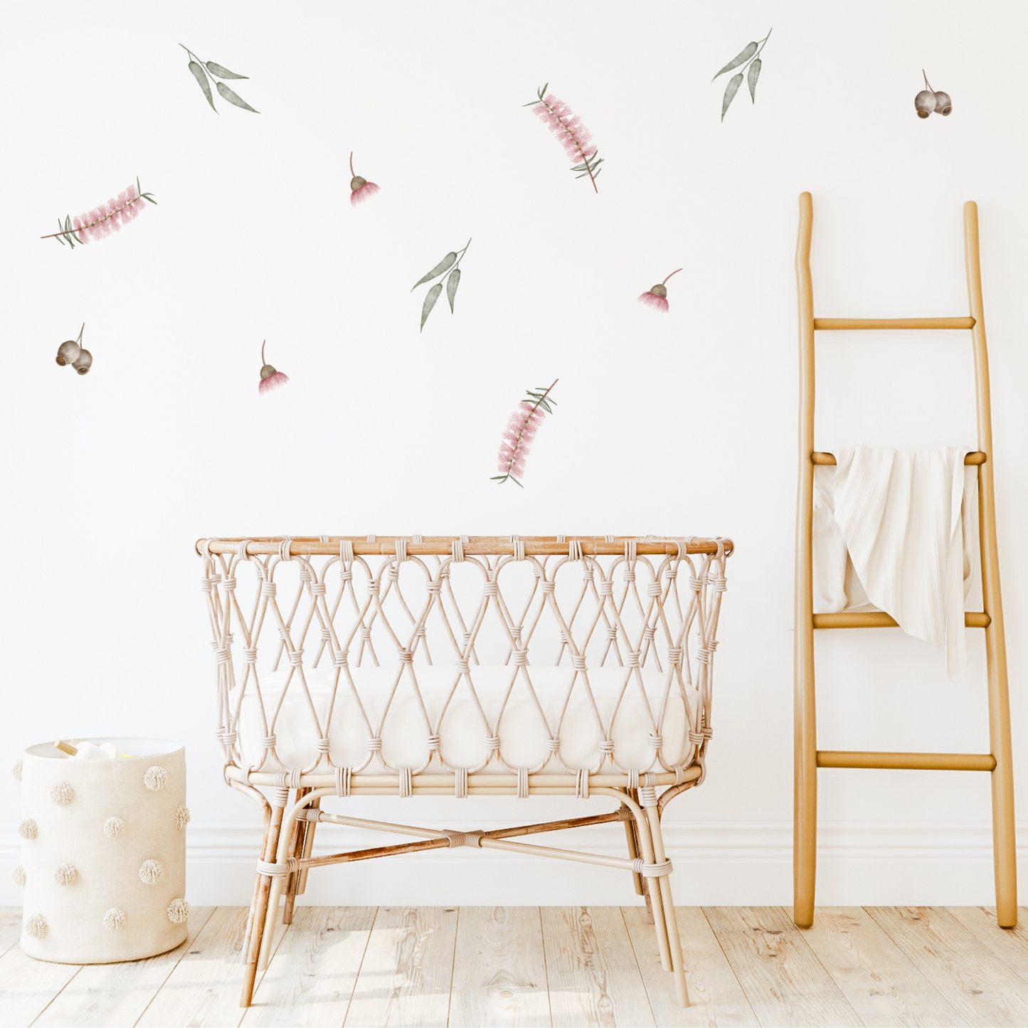 Australian native florals (bottlebrush, gum leaves and blossoms, gum nuts and eucalyptus) on a kid's wall. Non-toxic reusable fabric wall decals Australian made