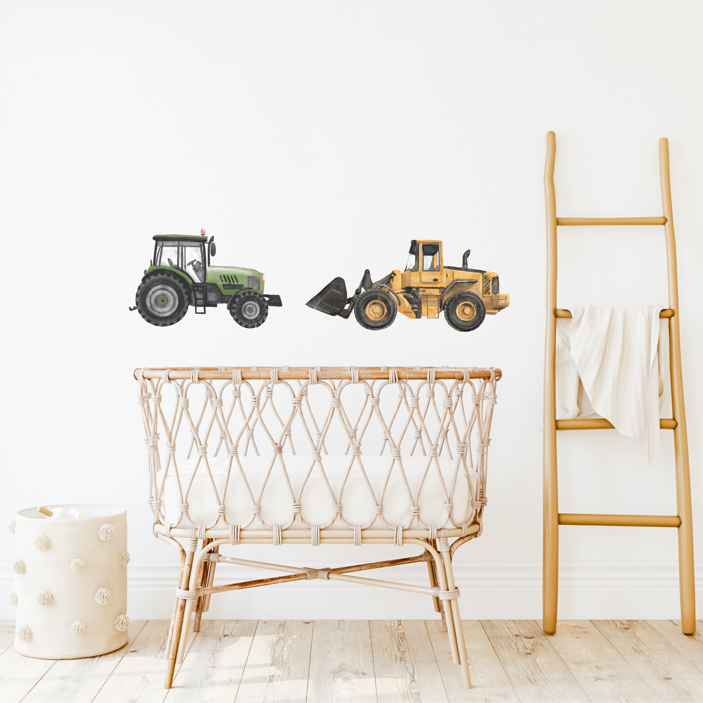 A series of wall decals featuring a green tractor and a yellow loader. Non-toxic reusable truck wall decals. Australian made.