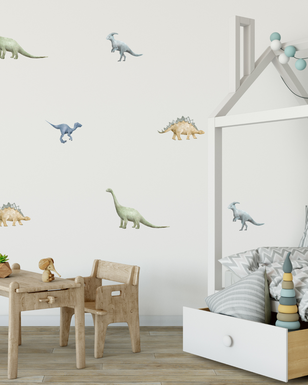 A series of dinosaur wall decals in a kid's bedroom. Non-toxic reusable wall stickers. Australian made.