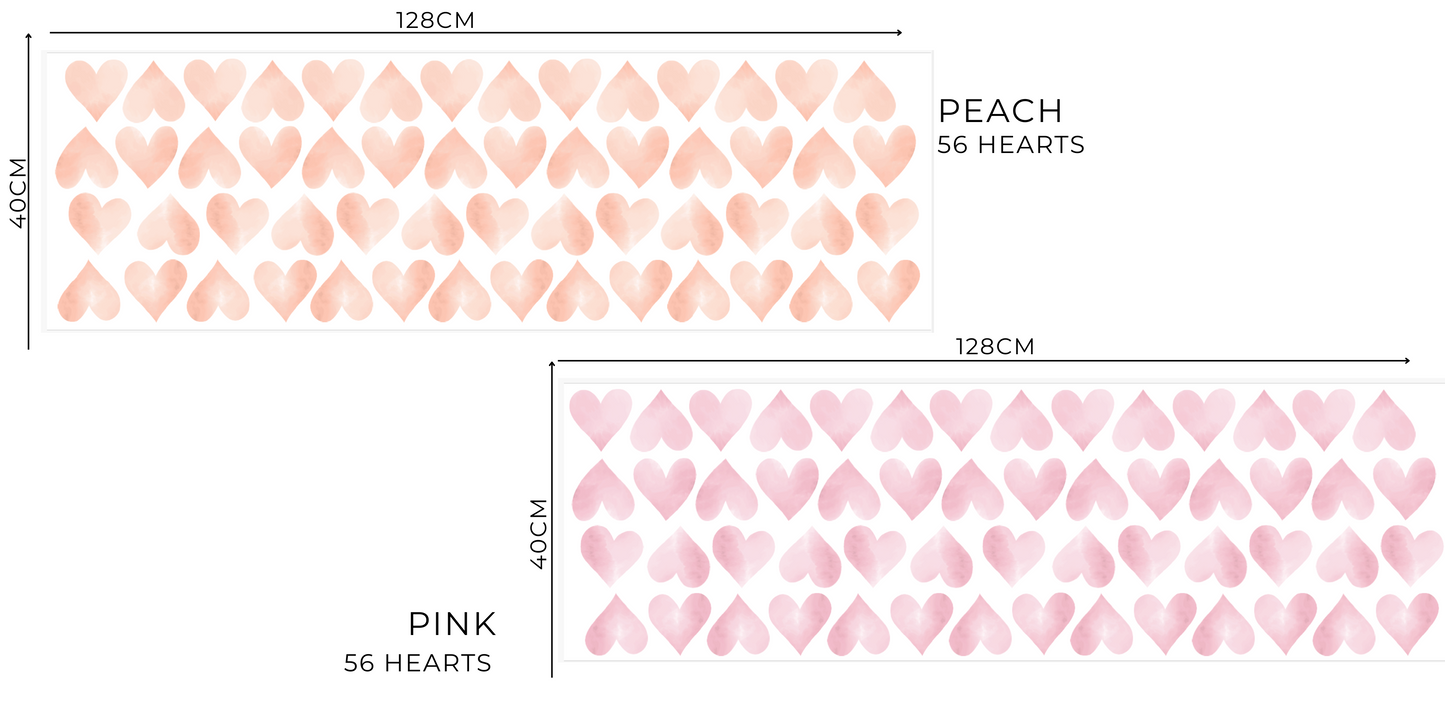 Measurements for pink and peach heart-shaped wall decals. Non-toxic, eco-friendly, reusable wall stickers. Australian made.