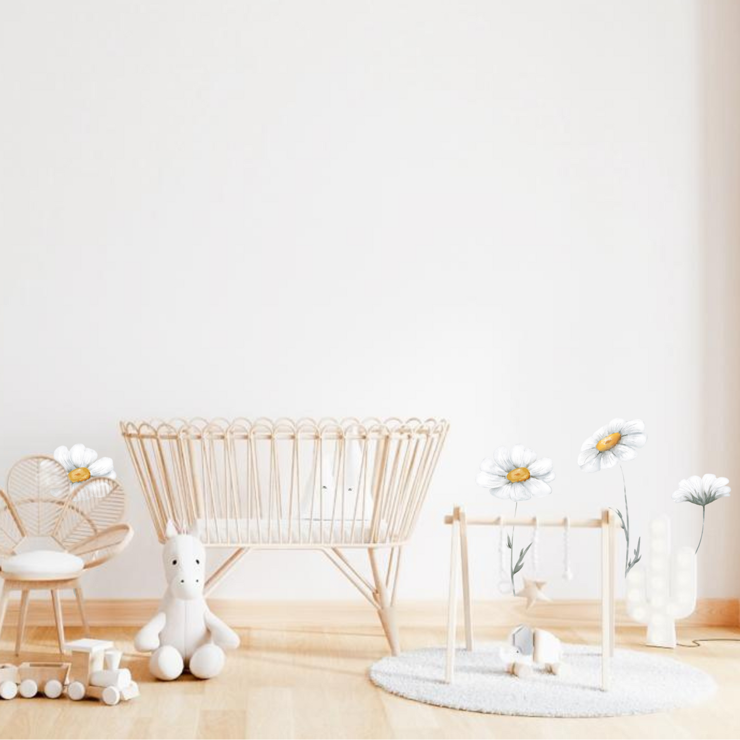Minimalist baby room with daisy wall decals. Non-toxic, eco-friendly, reusable fabric wall stickers. Australian made.