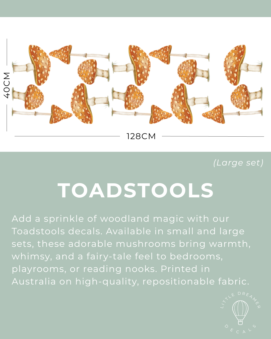 Toadstools decal set with dimensions and description on a light green background