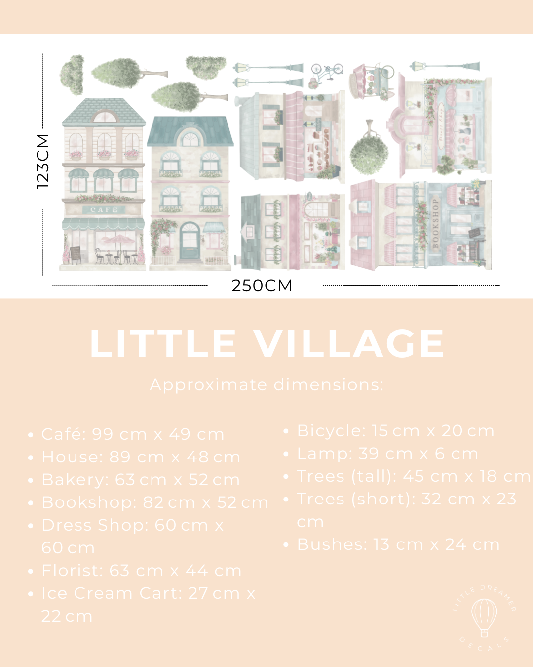 Illustrated village scene with dimensions on a light pink background