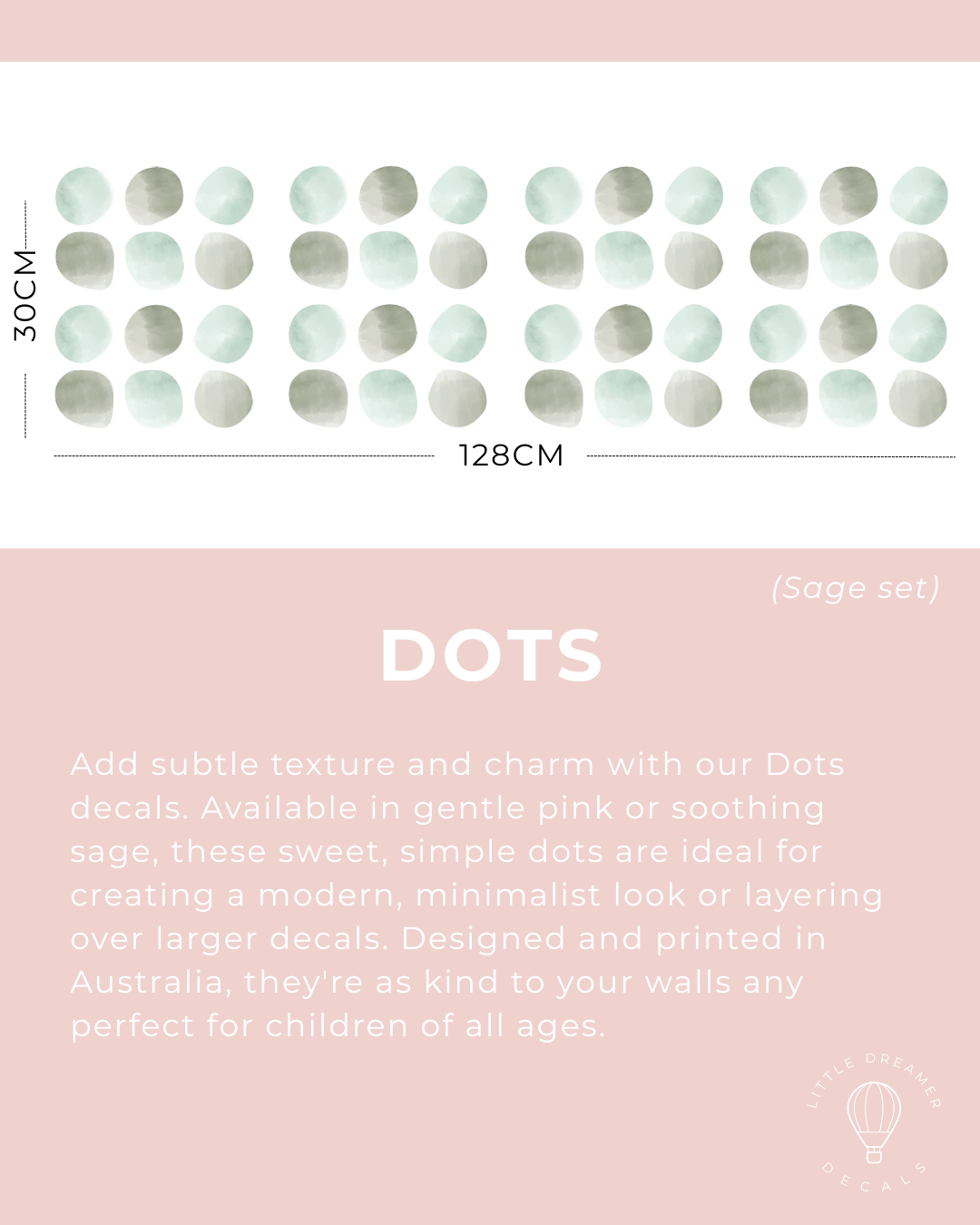 Product description of Dots decals with dimensions and color options on a pink background