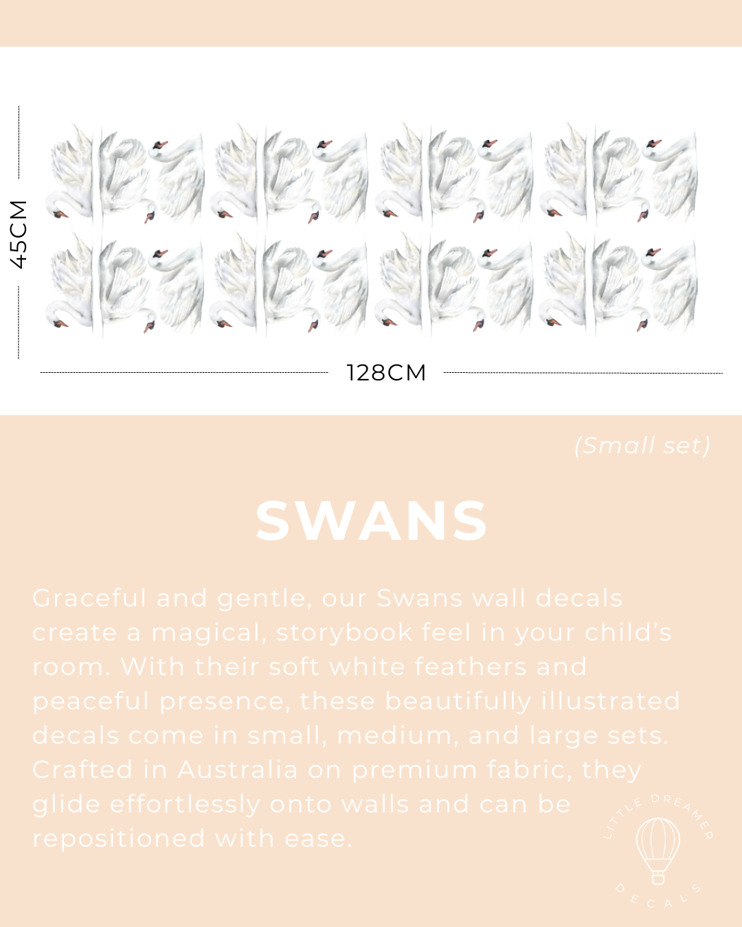 Swan wall decal set with dimensions and product description on a light pink background