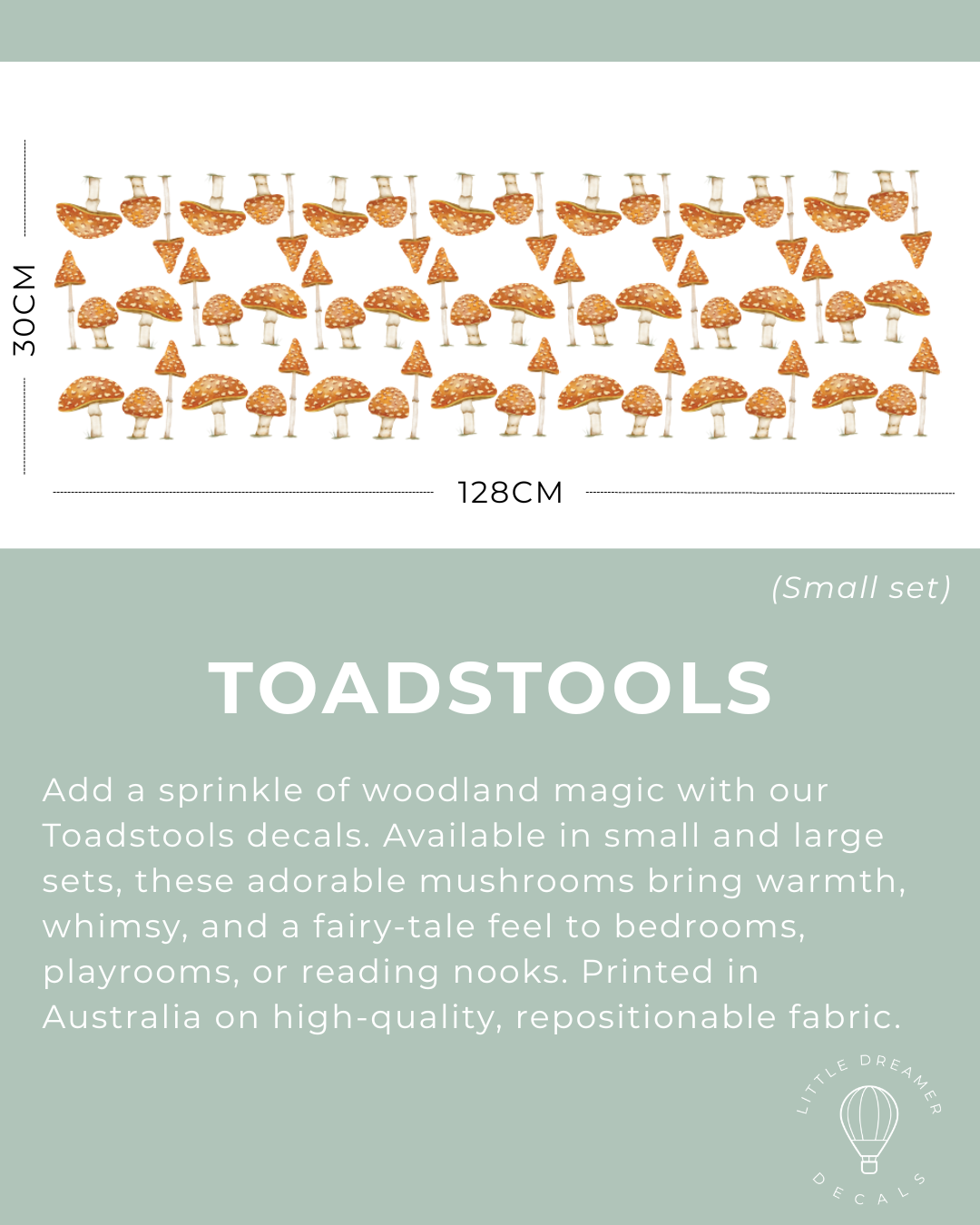 Toadstools decal set with dimensions and description on a light green background