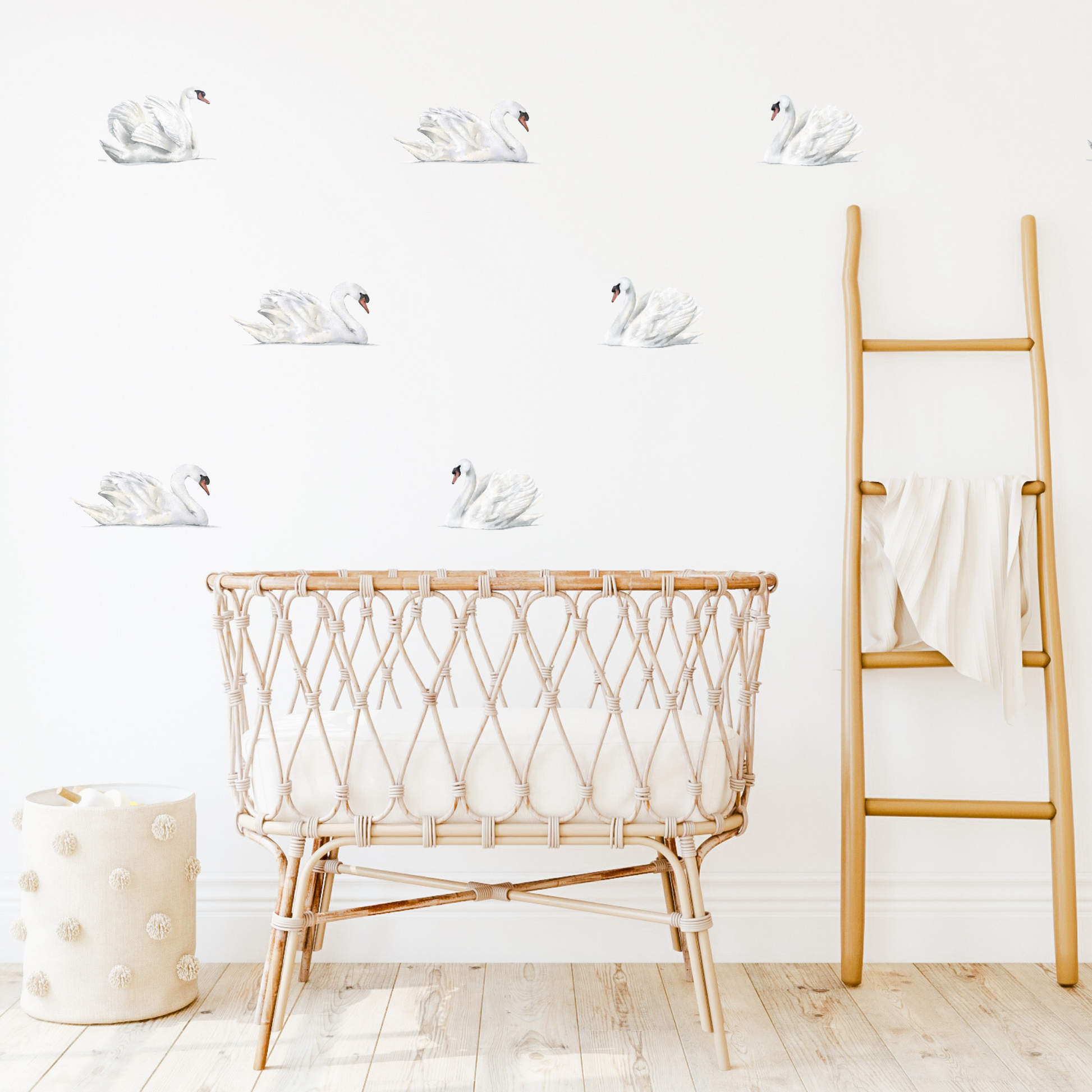 Wall decals of white watercolour swans on a nursery room wall.  Non-toxic, eco-friendly, reusable wall stickers. Australian made.