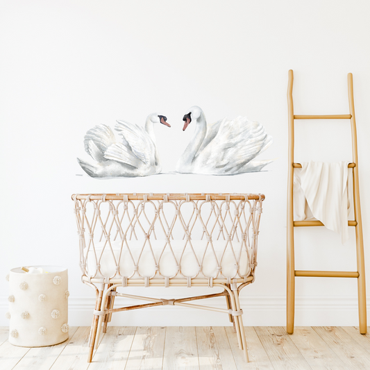 Wall decals of white watercolour swans on a nursery room wall.  Non-toxic, eco-friendly, reusable wall stickers. Australian made.