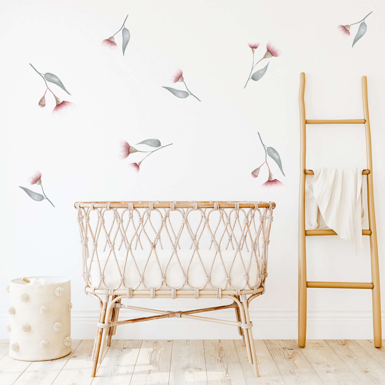 A kid's room with the wall adorned with pink eucalyptus gum blossom decals. Non-toxic, eco-friendly, reusable wall stickers. Australian made.