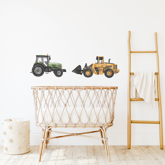 A series of wall decals featuring a green tractor and a yellow loader. Non-toxic reusable truck wall decals. Australian made.