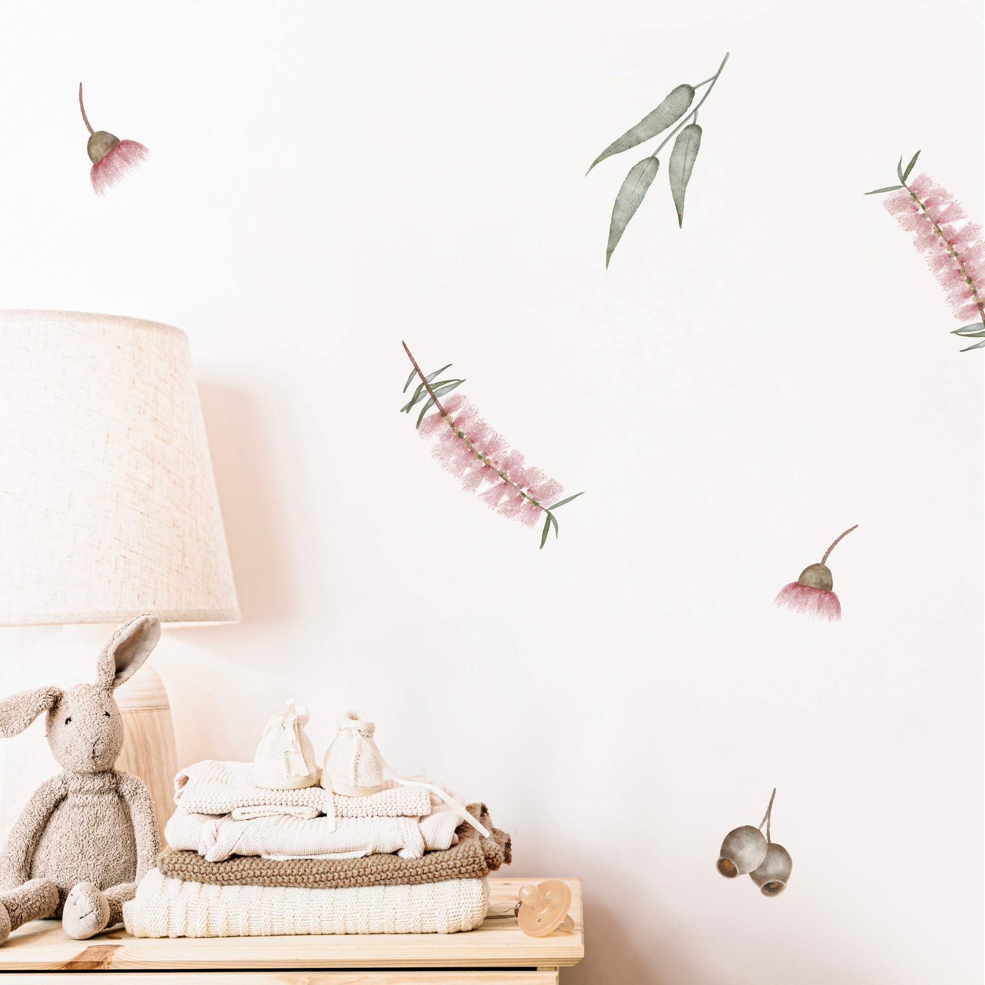 Australian native florals (bottlebrush, gum leaves and blossoms, gum nuts and eucalyptus) on a kid's wall.  Non-toxic reusable fabric wall decals Australian made.